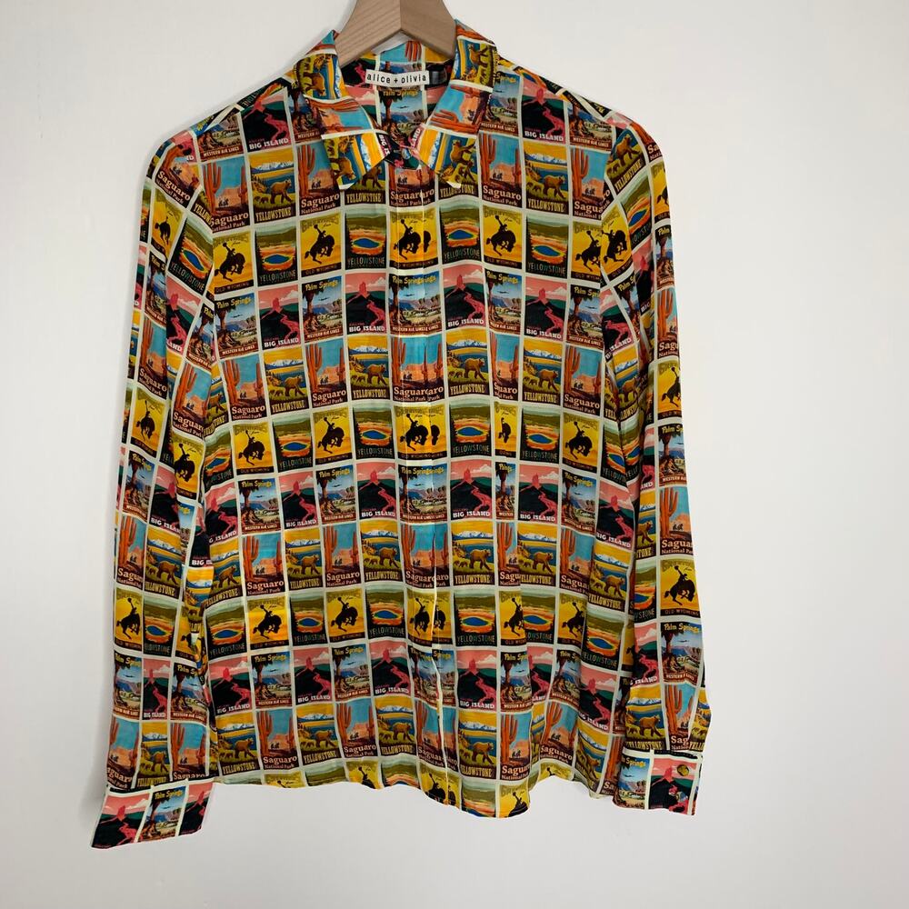 Alice + Olivia Willa Western Printed Button-Front Shirt Womens Large - Picture 2 of 16